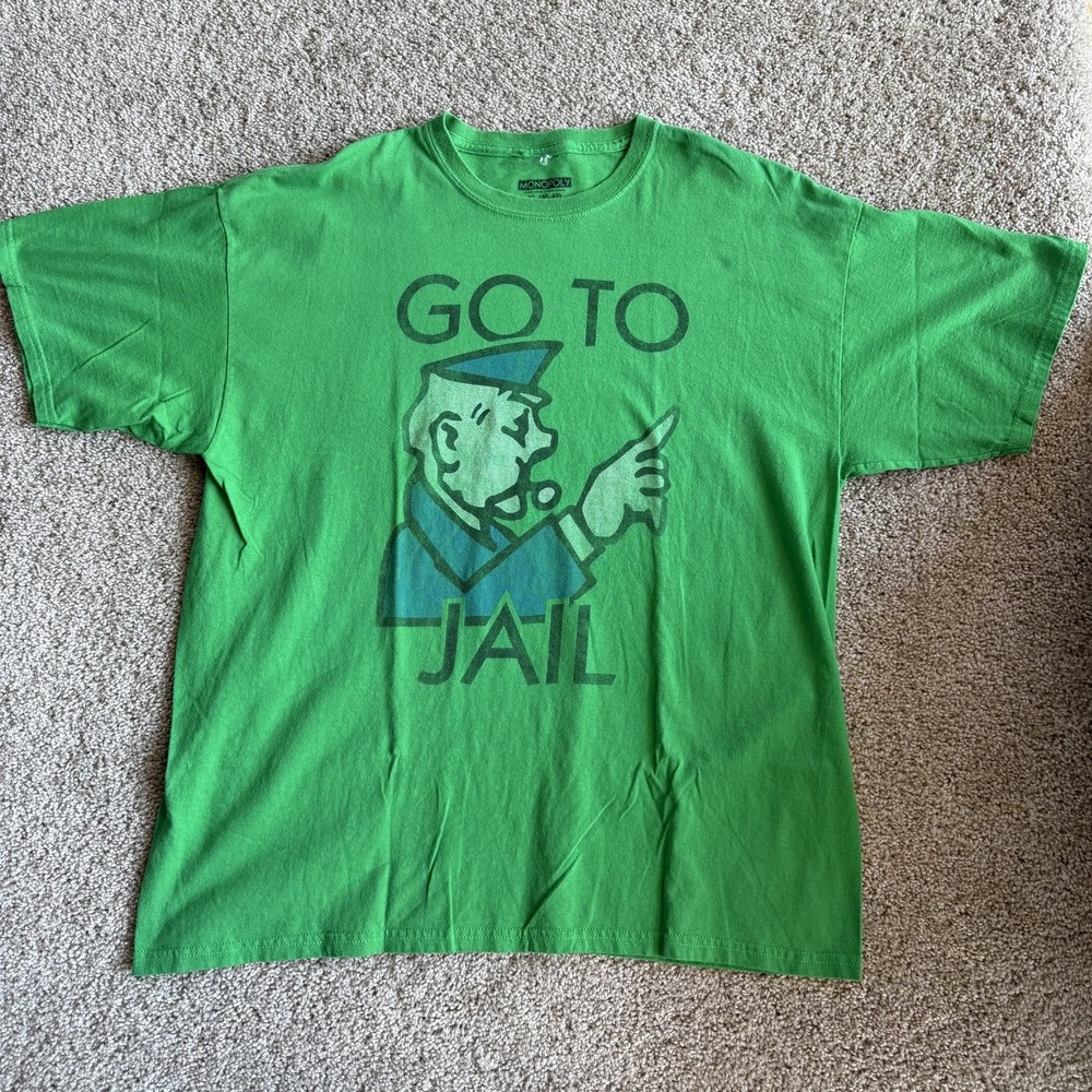 Y2K Monopoly Go To Jail Shirt Mens XL Green Graphic Board Game Tee T-Shirt Funny